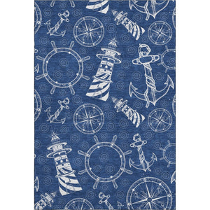 HomeRoots 10' X 14' Coastal Nautical Area Rug in Navy Blue & Ivory - Washable, Stain-Resistant, UV Protected 645451