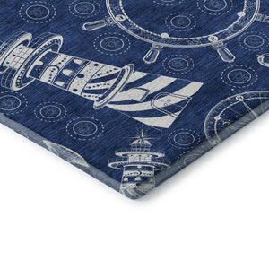 HomeRoots 10' X 14' Coastal Nautical Area Rug in Navy Blue & Ivory - Washable, Stain-Resistant, UV Protected 645451
