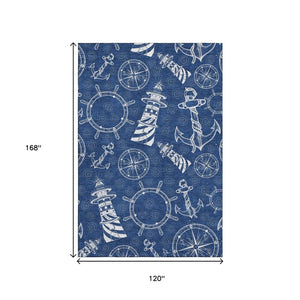 HomeRoots 10' X 14' Coastal Nautical Area Rug in Navy Blue & Ivory - Washable, Stain-Resistant, UV Protected 645451