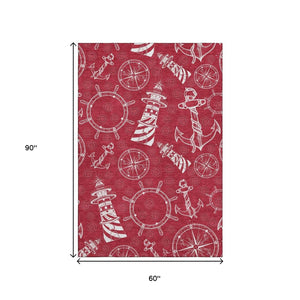 HomeRoots 5' X 8' Red and Ivory Nautical Area Rug - Durable, Washable, UV Protected, Perfect for Homes with Kids! 645453