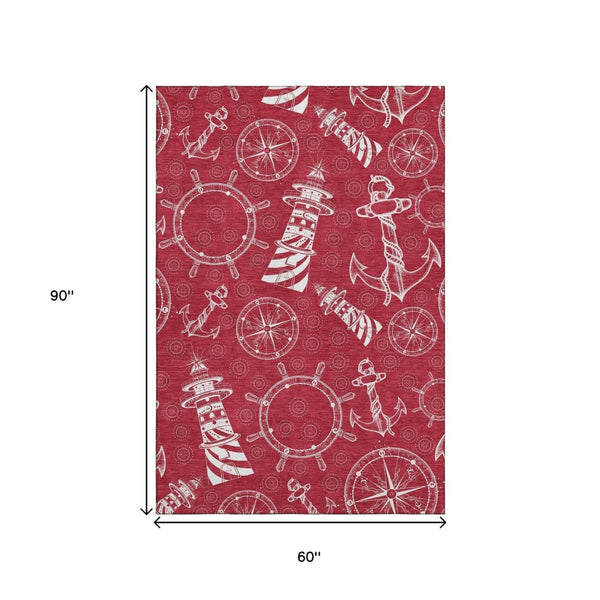 HomeRoots 5' X 8' Red and Ivory Nautical Area Rug - Durable, Washable, UV Protected, Perfect for Homes with Kids! 645453