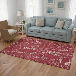 HomeRoots 5' X 8' Red and Ivory Nautical Area Rug - Durable, Washable, UV Protected, Perfect for Homes with Kids! 645453