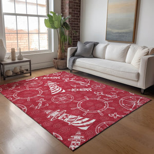 HomeRoots 5' X 8' Red and Ivory Nautical Area Rug - Durable, Washable, UV Protected, Perfect for Homes with Kids! 645453