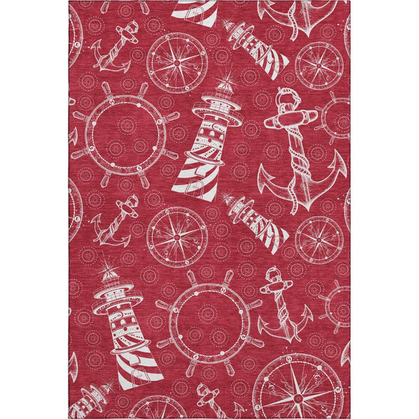 HomeRoots 5' X 8' Red and Ivory Nautical Area Rug - Durable, Washable, UV Protected, Perfect for Homes with Kids! 645453