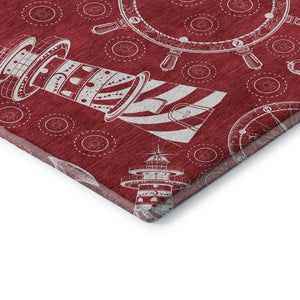 HomeRoots 5' X 8' Red and Ivory Nautical Area Rug - Durable, Washable, UV Protected, Perfect for Homes with Kids! 645453