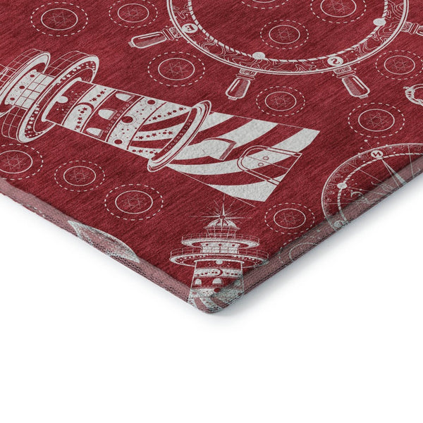 HomeRoots 5' X 8' Red and Ivory Nautical Area Rug - Durable, Washable, UV Protected, Perfect for Homes with Kids! 645453
