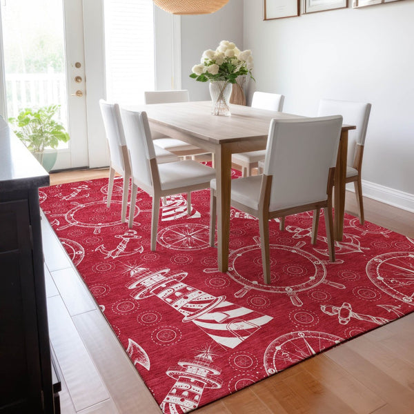 HomeRoots 5' X 8' Red and Ivory Nautical Area Rug - Durable, Washable, UV Protected, Perfect for Homes with Kids! 645453