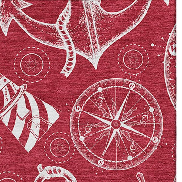HomeRoots 5' X 8' Red and Ivory Nautical Area Rug - Durable, Washable, UV Protected, Perfect for Homes with Kids! 645453