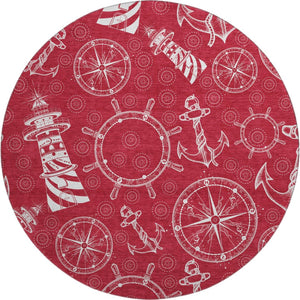 HomeRoots 8' Red and Ivory Nautical Round Rug – Washable, UV-Protected, Durable Design for Busy Homes 645454