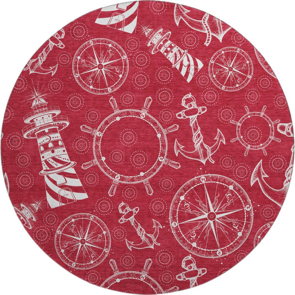 HomeRoots 8' Red and Ivory Nautical Round Rug – Washable, UV-Protected, Durable Design for Busy Homes 645454