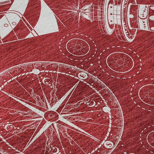 HomeRoots 8' Red and Ivory Nautical Round Rug – Washable, UV-Protected, Durable Design for Busy Homes 645454