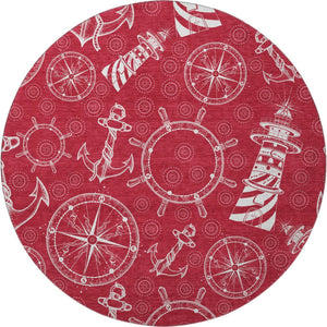 HomeRoots 8' Red and Ivory Nautical Round Rug – Washable, UV-Protected, Durable Design for Busy Homes 645454