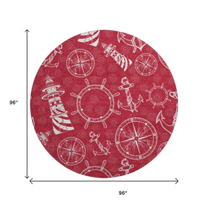 HomeRoots 8' Red and Ivory Nautical Round Rug – Washable, UV-Protected, Durable Design for Busy Homes 645454