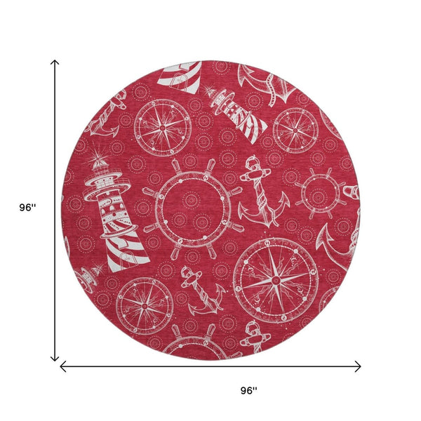 HomeRoots 8' Red and Ivory Nautical Round Rug – Washable, UV-Protected, Durable Design for Busy Homes 645454