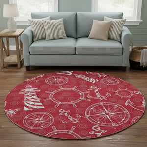 HomeRoots 8' Red and Ivory Nautical Round Rug – Washable, UV-Protected, Durable Design for Busy Homes 645454