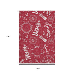 HomeRoots 8' X 10' Nautical Red and Ivory Area Rug – Machine Washable, UV Protected, Durable Coastal Decor 645455