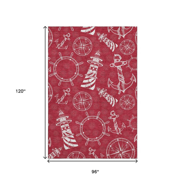 HomeRoots 8' X 10' Nautical Red and Ivory Area Rug – Machine Washable, UV Protected, Durable Coastal Decor 645455