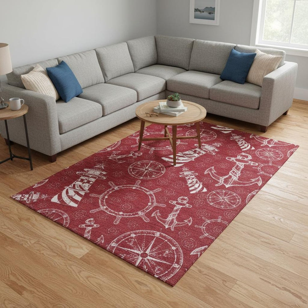 HomeRoots 8' X 10' Nautical Red and Ivory Area Rug – Machine Washable, UV Protected, Durable Coastal Decor 645455