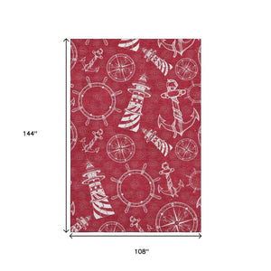 HomeRoots 9' X 12' Red And Ivory Nautical Area Rug - Durable, Washable, UV Protected for Coastal Charm 645456