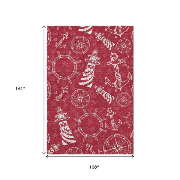 HomeRoots 9' X 12' Red And Ivory Nautical Area Rug - Durable, Washable, UV Protected for Coastal Charm 645456