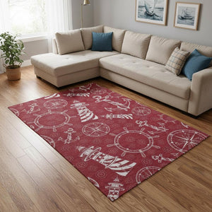 HomeRoots 9' X 12' Red And Ivory Nautical Area Rug - Durable, Washable, UV Protected for Coastal Charm 645456