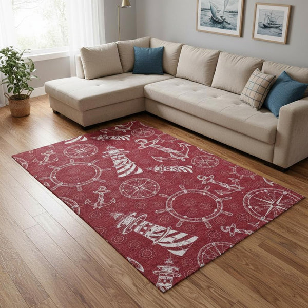 HomeRoots 9' X 12' Red And Ivory Nautical Area Rug - Durable, Washable, UV Protected for Coastal Charm 645456