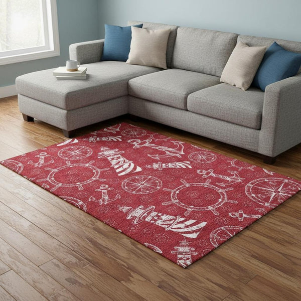 HomeRoots 10' X 14' Nautical Red & Ivory Washable Area Rug – UV Protected, Stain Resistant for Family Spaces 645457