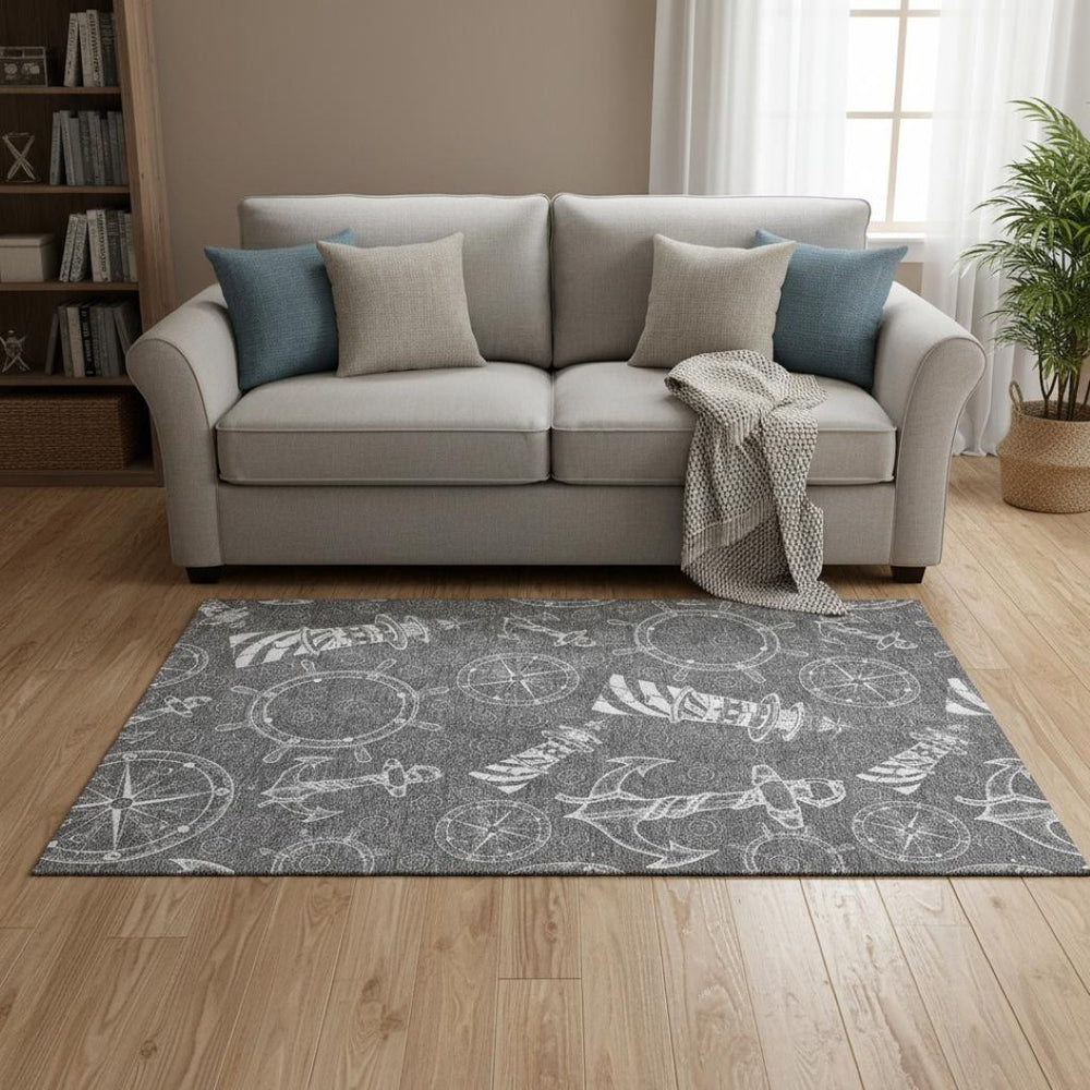 HomeRoots 5' X 8' Gray and Ivory Nautical Area Rug - Washable, UV-Protected, Stylish, and Durable for Every Home 645459