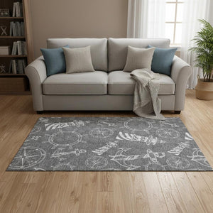 HomeRoots 5' X 8' Gray and Ivory Nautical Area Rug - Washable, UV-Protected, Stylish, and Durable for Every Home 645459