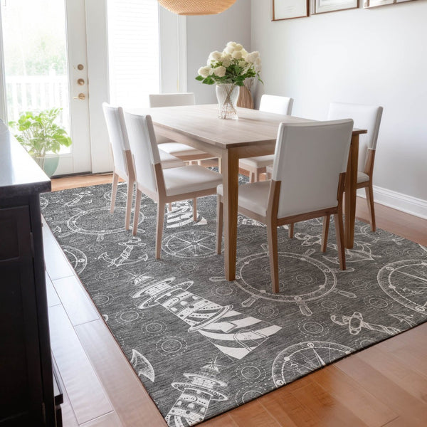 HomeRoots 5' X 8' Gray and Ivory Nautical Area Rug - Washable, UV-Protected, Stylish, and Durable for Every Home 645459