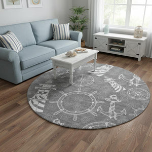 HomeRoots 8' Gray and Ivory Nautical Round Rug - Washable, UV-Protected, and Perfect for Coastal Homes! 645460