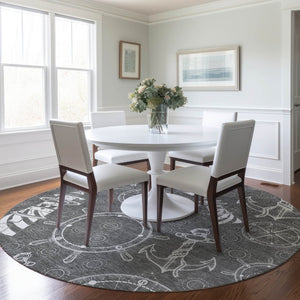 HomeRoots 8' Gray and Ivory Nautical Round Rug - Washable, UV-Protected, and Perfect for Coastal Homes! 645460