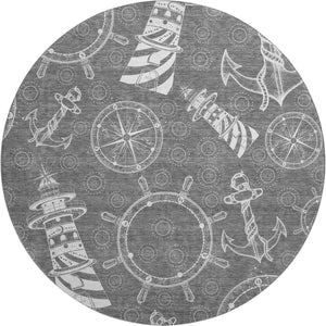 HomeRoots 8' Gray and Ivory Nautical Round Rug - Washable, UV-Protected, and Perfect for Coastal Homes! 645460