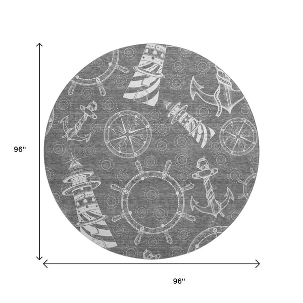 HomeRoots 8' Gray and Ivory Nautical Round Rug - Washable, UV-Protected, and Perfect for Coastal Homes! 645460