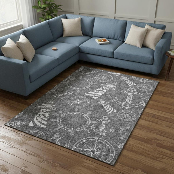 HomeRoots 8' X 10' Gray And Ivory Coastal Nautical Area Rug - Washable, Stain Resistant, UV Protected Comfort 645461