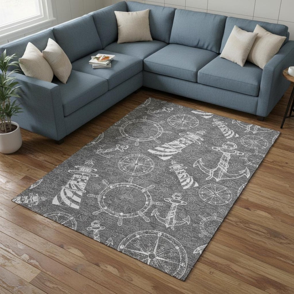 HomeRoots 9' X 12' Gray and Ivory Nautical Area Rug - Washable, UV Protected, Stain-Resistant, Coastal Charm 645462