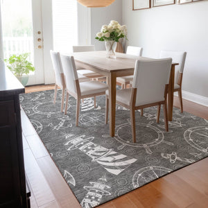HomeRoots 9' X 12' Gray and Ivory Nautical Area Rug - Washable, UV Protected, Stain-Resistant, Coastal Charm 645462
