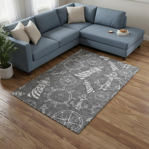HomeRoots 10' X 14' Gray And Ivory Nautical Area Rug - Washable, UV Protected, Stylish for Indoor & Outdoor Use! 645463