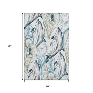 HomeRoots 5' Nautical Washable Area Rug in Ivory, Denim Blue & Taupe - UV Protection, Perfect for Families! 645465