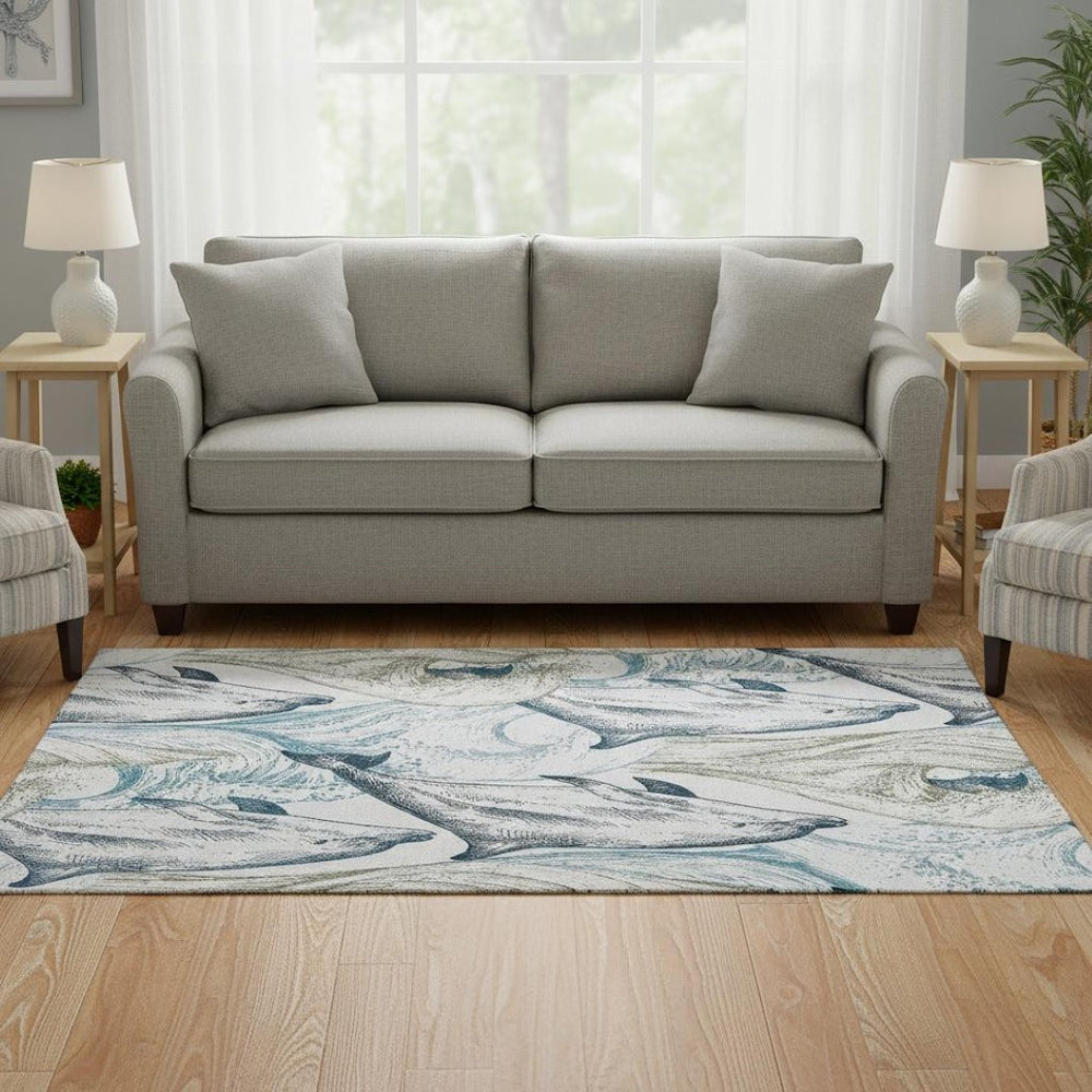HomeRoots 5' Nautical Washable Area Rug in Ivory, Denim Blue & Taupe - UV Protection, Perfect for Families! 645465
