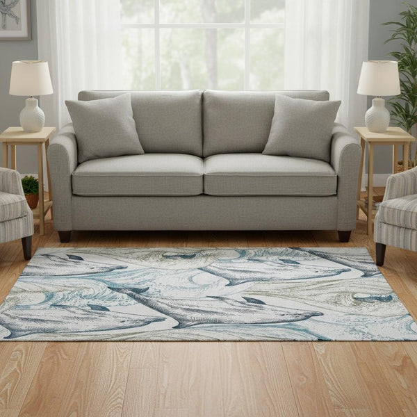 HomeRoots 5' Nautical Washable Area Rug in Ivory, Denim Blue & Taupe - UV Protection, Perfect for Families! 645465