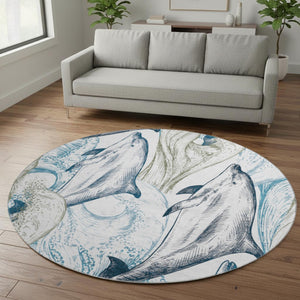 HomeRoots 8' Washable Round Rug in Ivory, Denim Blue & Taupe - Nautical Style with UV Protection & Stain Resistance 645466