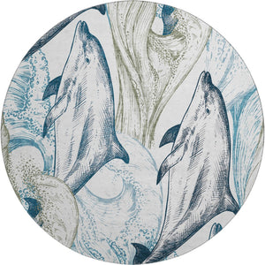 HomeRoots 8' Washable Round Rug in Ivory, Denim Blue & Taupe - Nautical Style with UV Protection & Stain Resistance 645466