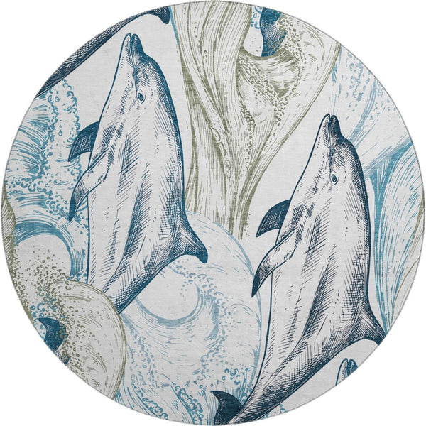 HomeRoots 8' Washable Round Rug in Ivory, Denim Blue & Taupe - Nautical Style with UV Protection & Stain Resistance 645466