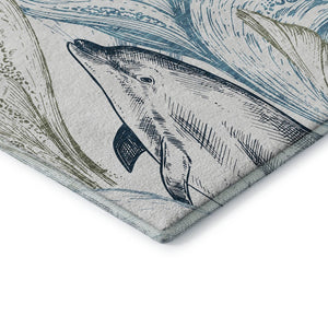 HomeRoots 8' Washable Round Rug in Ivory, Denim Blue & Taupe - Nautical Style with UV Protection & Stain Resistance 645466