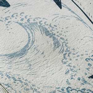 HomeRoots 8' Washable Round Rug in Ivory, Denim Blue & Taupe - Nautical Style with UV Protection & Stain Resistance 645466