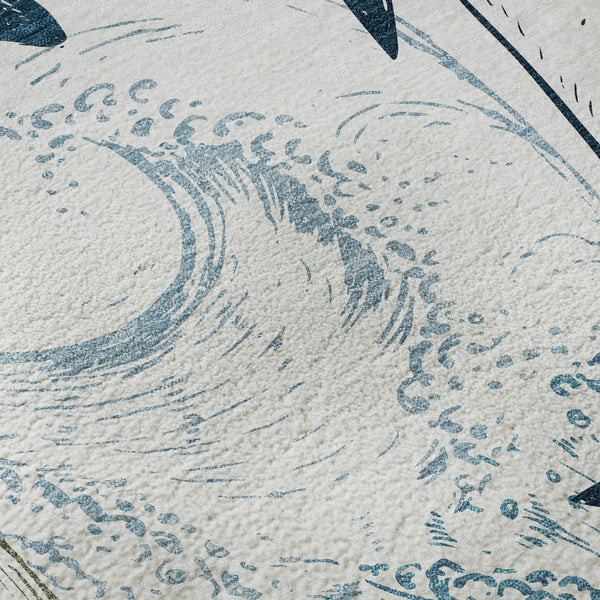 HomeRoots 8' Washable Round Rug in Ivory, Denim Blue & Taupe - Nautical Style with UV Protection & Stain Resistance 645466