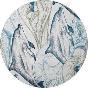 HomeRoots 8' Washable Round Rug in Ivory, Denim Blue & Taupe - Nautical Style with UV Protection & Stain Resistance 645466