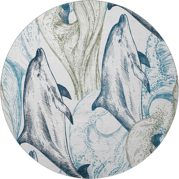 HomeRoots 8' Washable Round Rug in Ivory, Denim Blue & Taupe - Nautical Style with UV Protection & Stain Resistance 645466