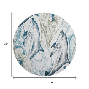 HomeRoots 8' Washable Round Rug in Ivory, Denim Blue & Taupe - Nautical Style with UV Protection & Stain Resistance 645466
